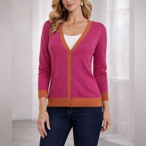 AUR Merino Wool Blend Pink Cardigan Contrast Trim Button Front Size S
